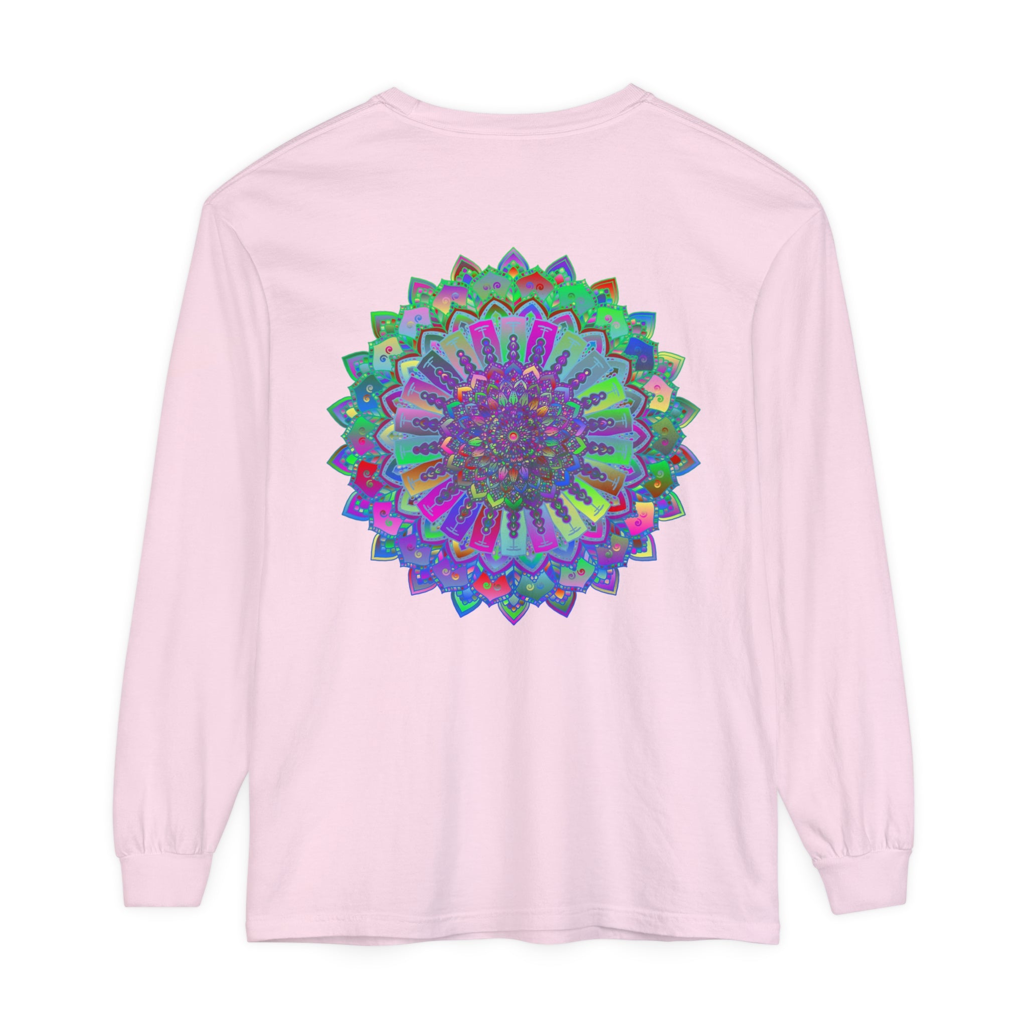 Colorful and intricate mandala design featured on a long sleeve t-shirt