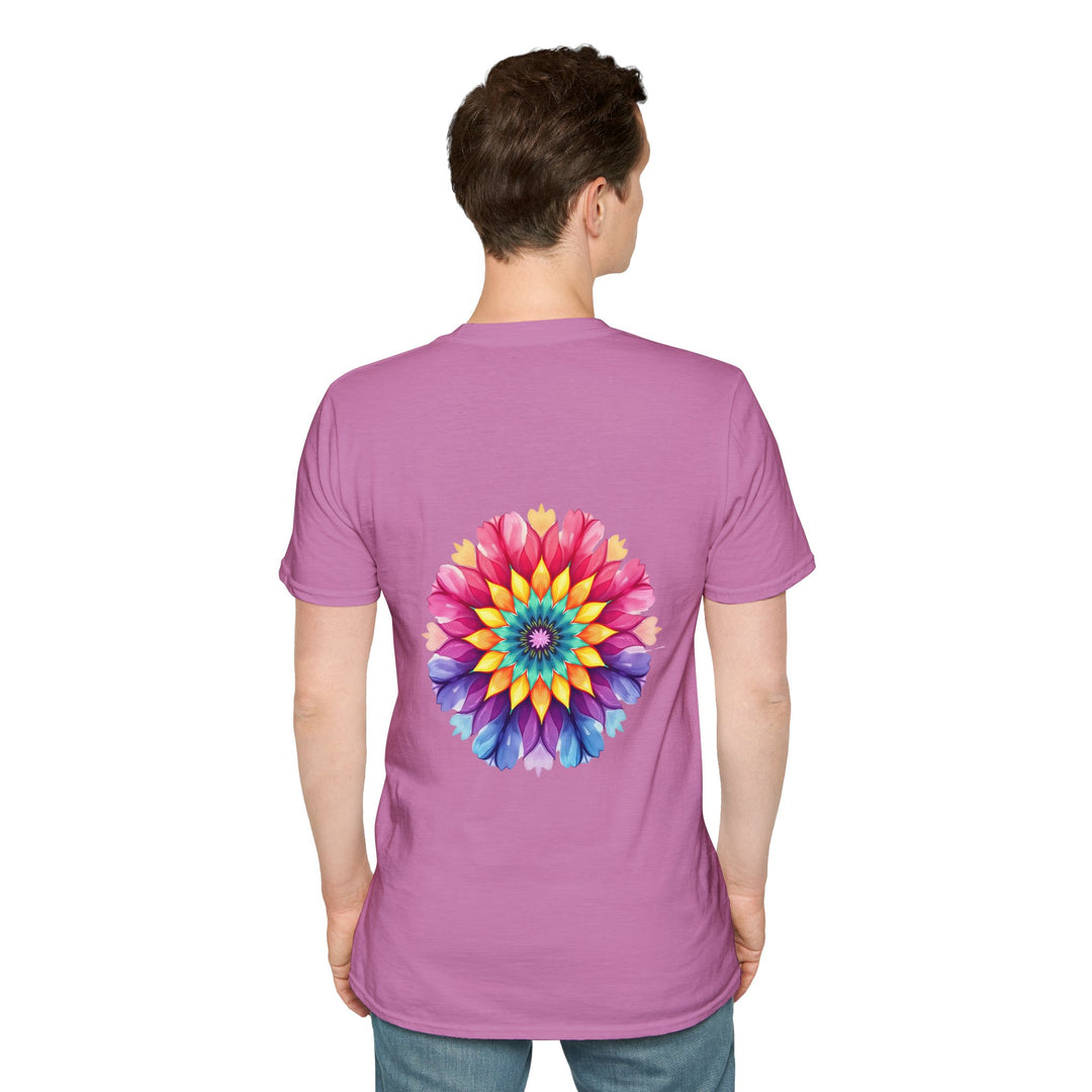 A close-up image of a white t-shirt with a floral mandala design and a quote printed in the center