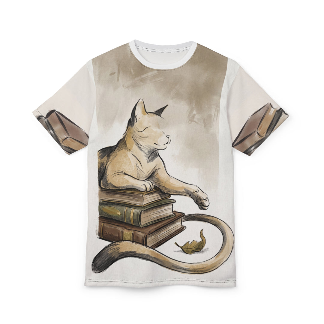 Cloaked Cat on Books — Dark Academia cat Illustration Tee