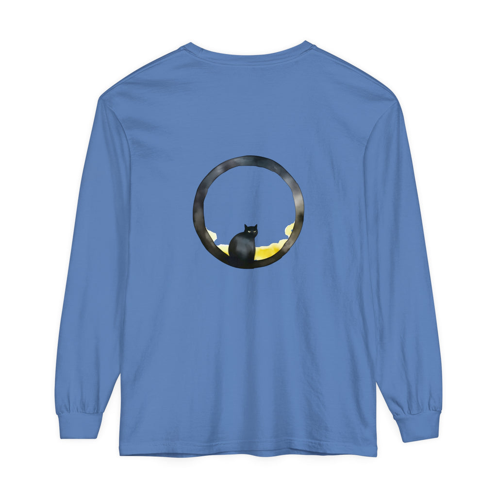 Black Cat Moon Glow Long Sleeve T-Shirt with spooky cat graphic