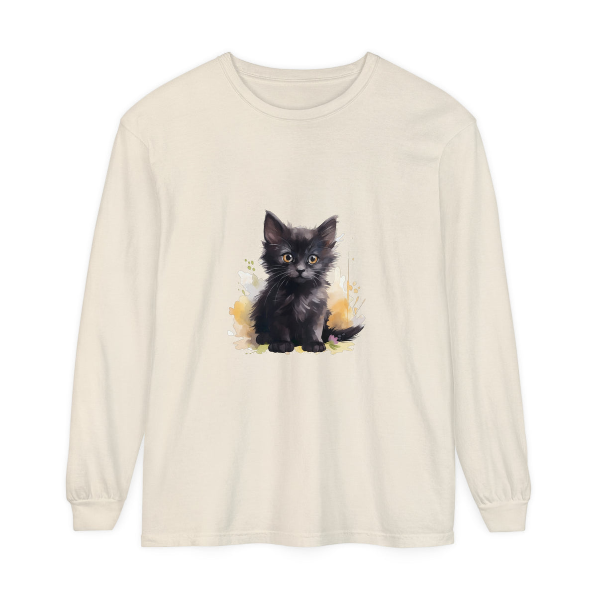 A close-up image of a black kitten watercolor splash t-shirt with vibrant colors and a playful design, perfect for cat lovers and fashion enthusiasts