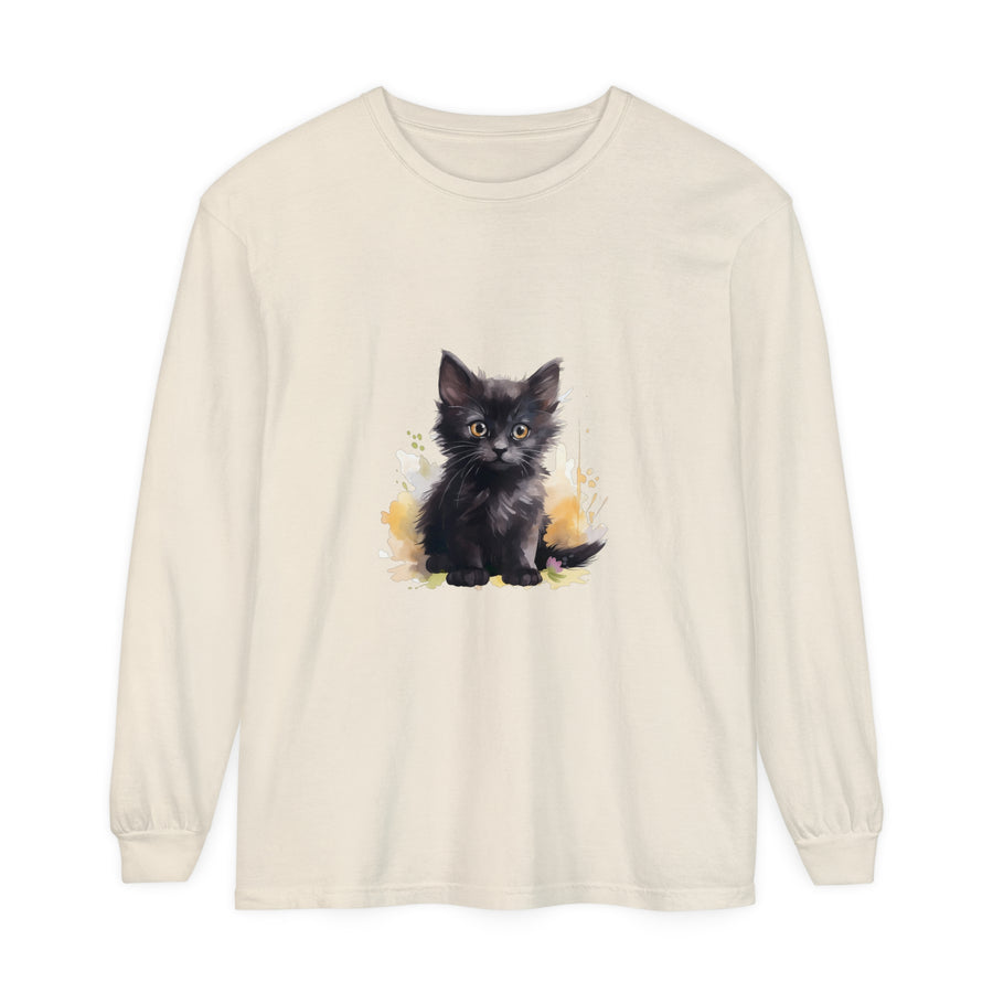 A close-up image of a black kitten watercolor splash t-shirt with vibrant colors and a playful design, perfect for cat lovers and fashion enthusiasts