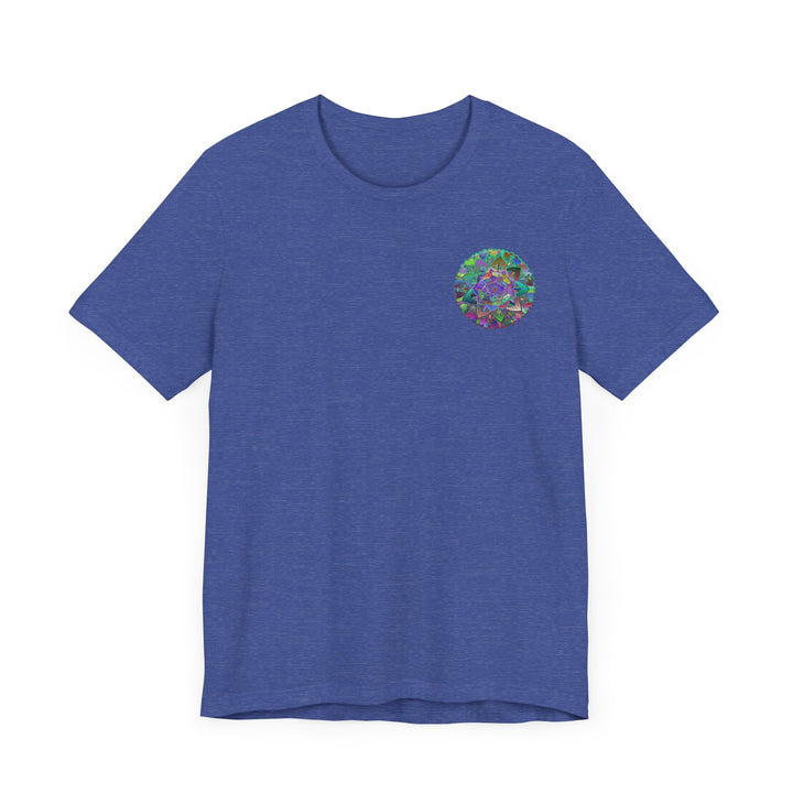 Vivid and colorful mandala t-shirt with intricate design promoting inner balance