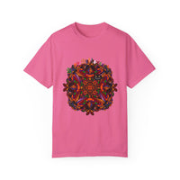 Handmade unisex Halloween mandala t-shirt with pumpkin art on garment-dyed tee