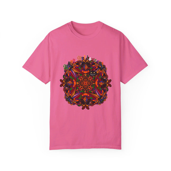 Handmade unisex Halloween mandala t-shirt with pumpkin art on garment-dyed tee