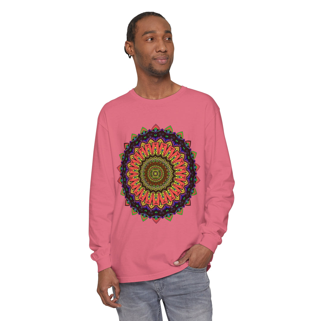 A close-up image of the Intricate Mandala Long Sleeve T-Shirt, featuring a colorful and detailed design with intricate patterns and vibrant colors