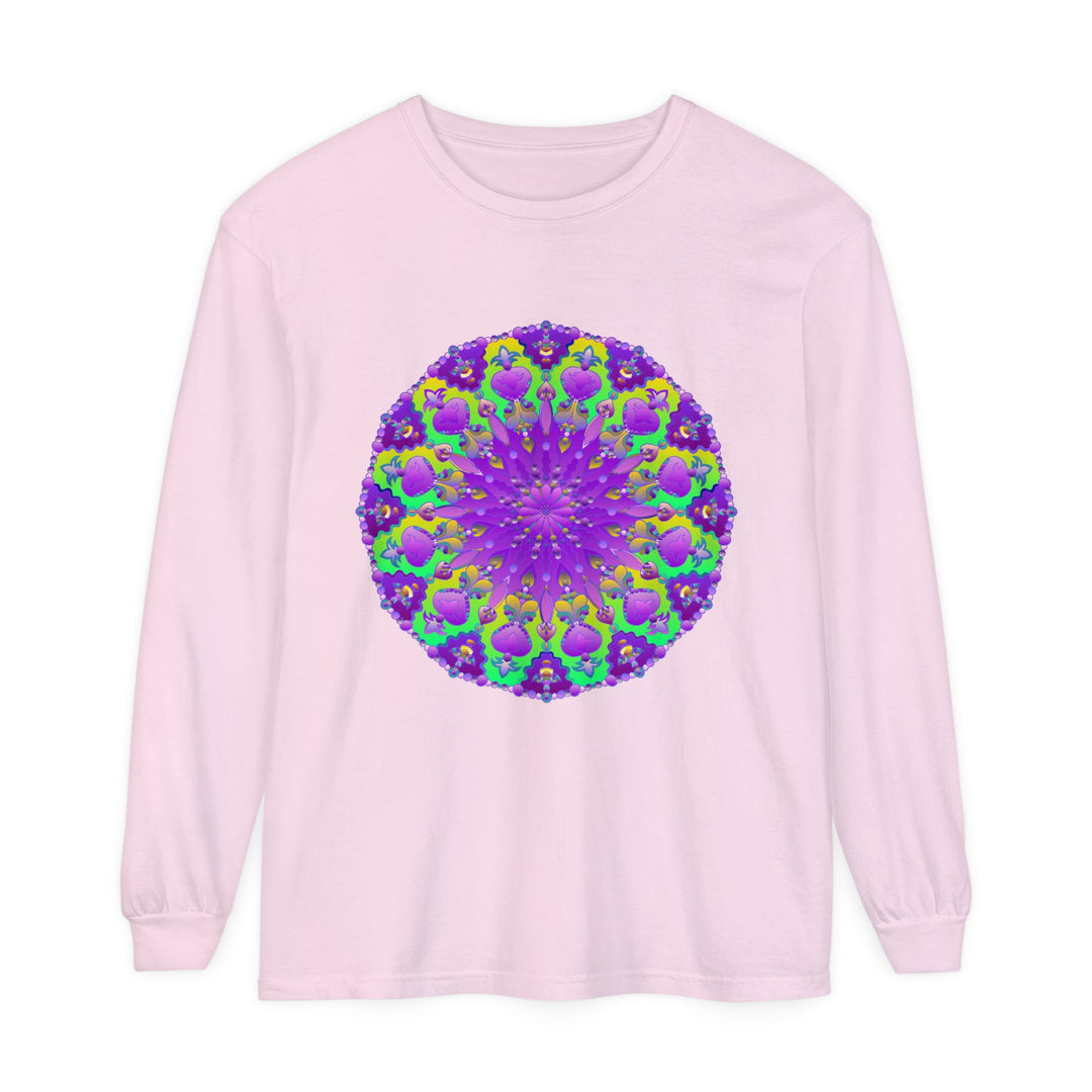 Vibrant purple and green mandala design long sleeve t-shirt for women