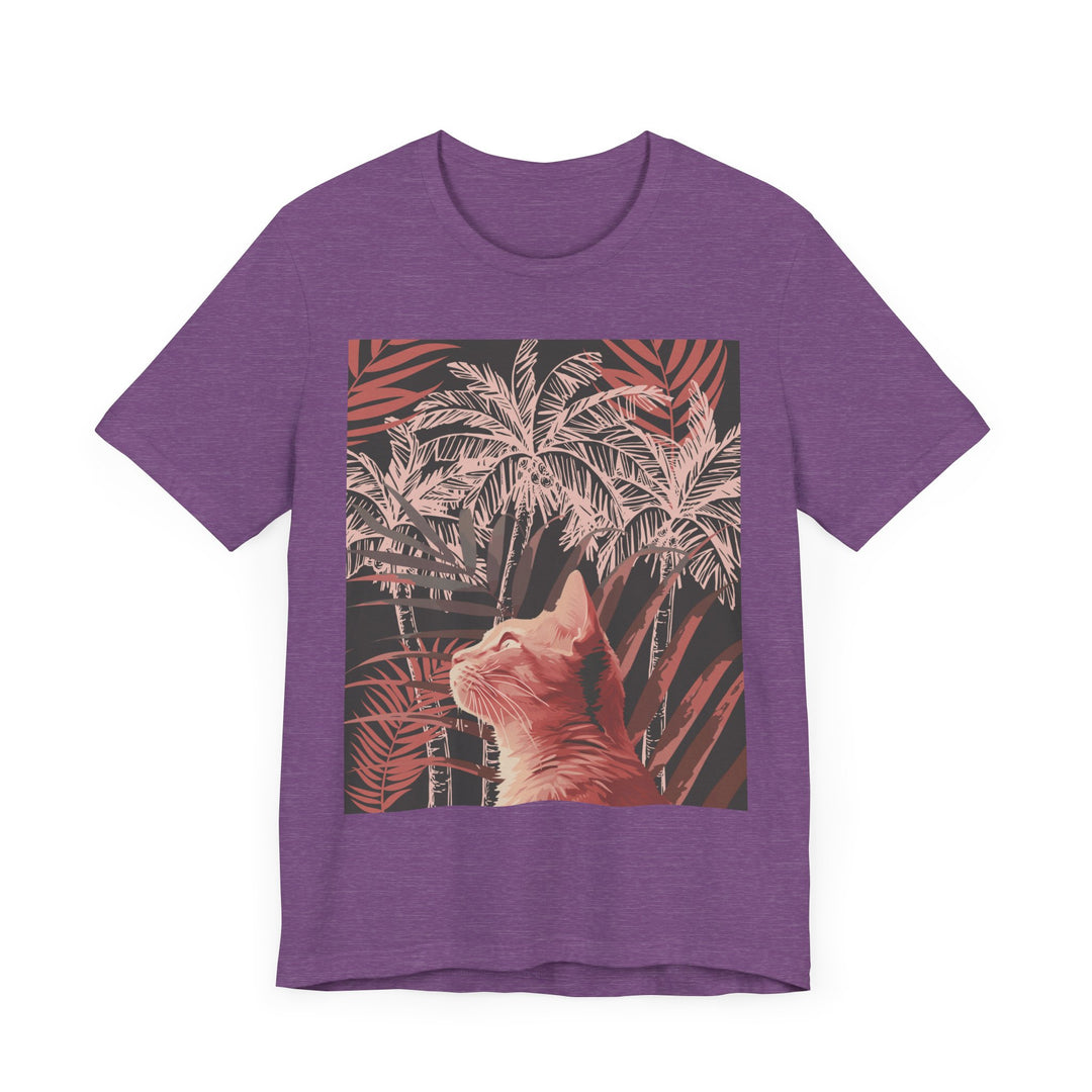 Adorable ginger cat lounging under a palm tree on a stylish tee