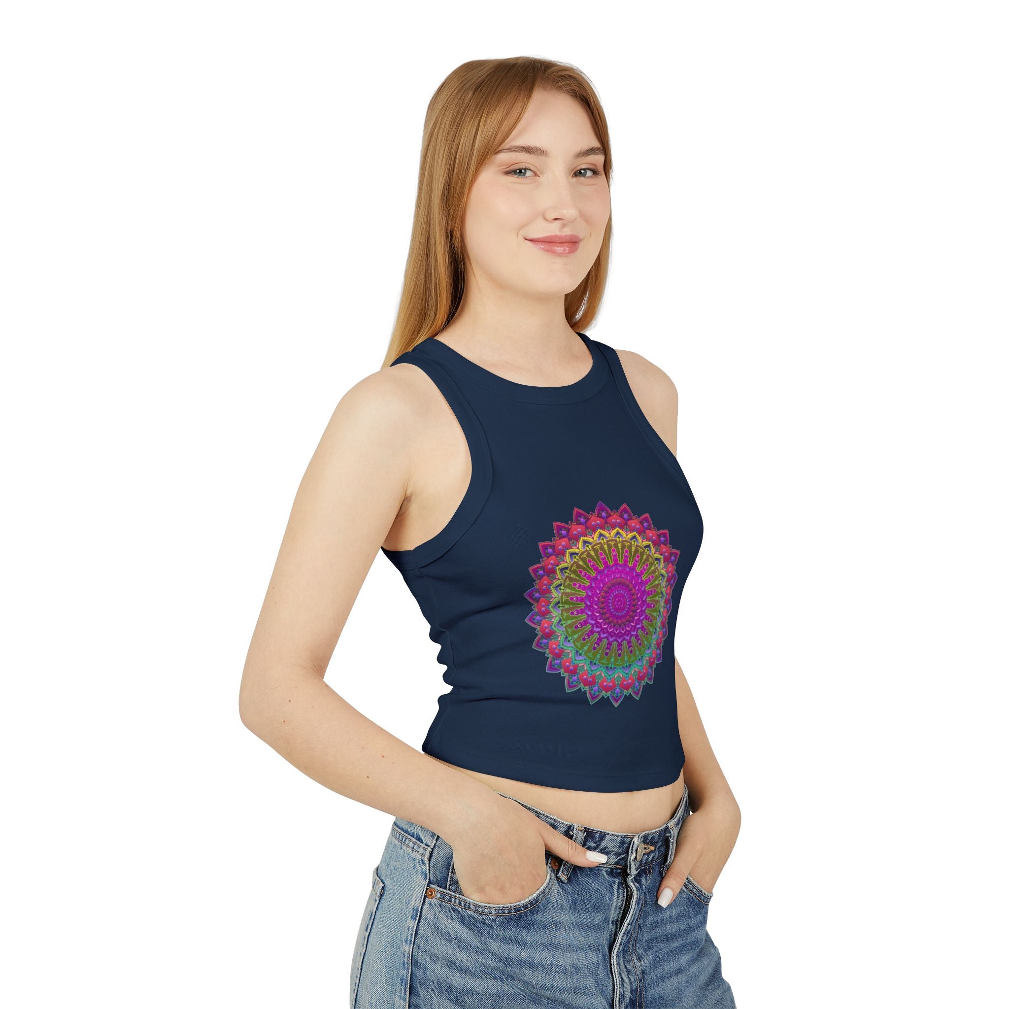 Vibrant Mandala Racerback Tank Top with intricate floral design and bright, bold colors, perfect for yoga or casual wear