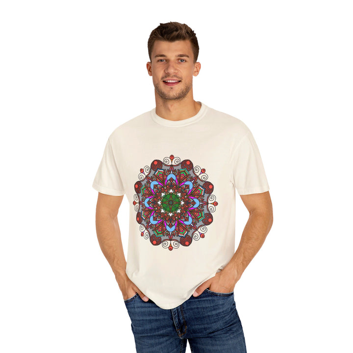 Unisex Mandala T-Shirt featuring intricate, hand-drawn mandala art, made from 100% ring-spun cotton and garment-dyed for extra comfort