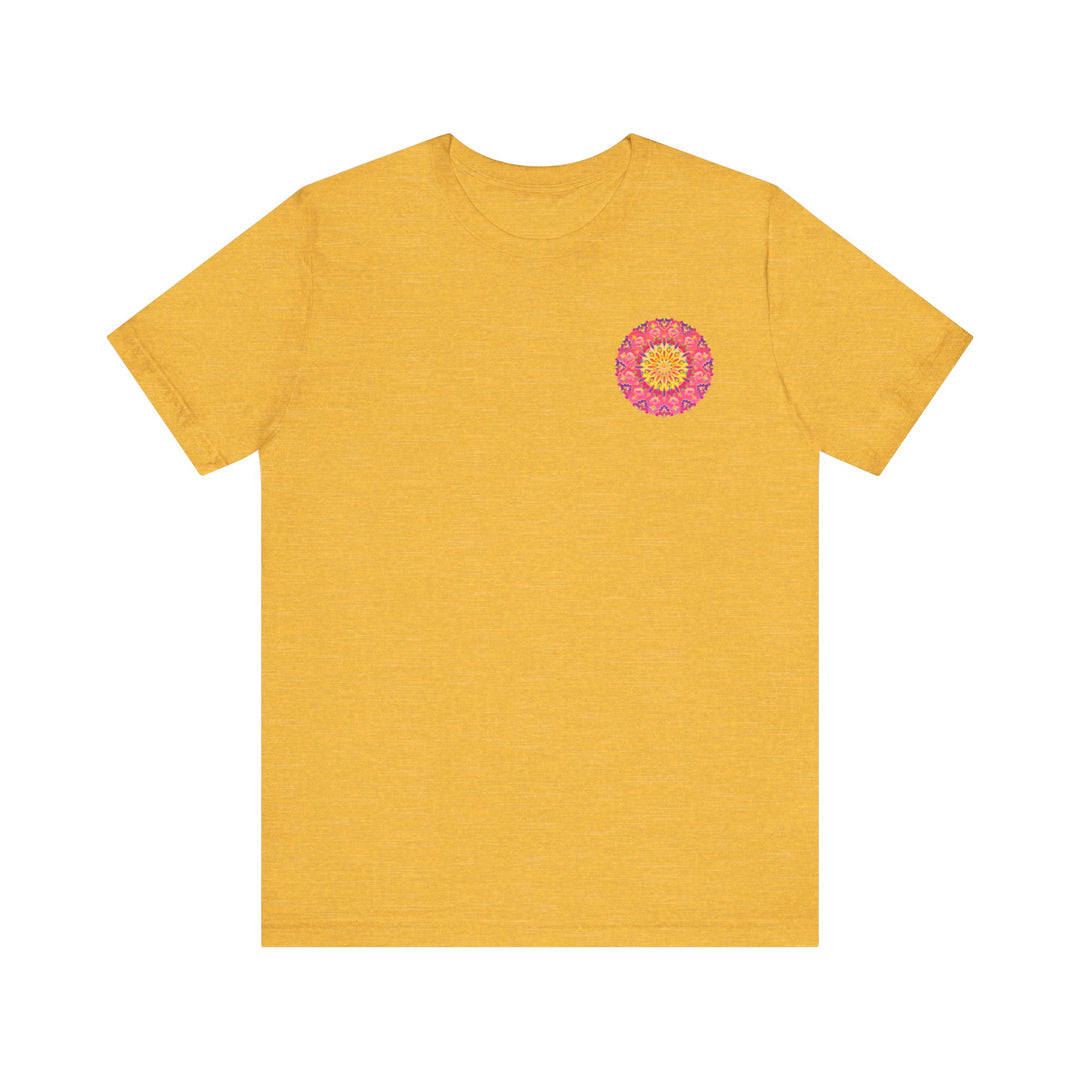 Beautiful Pink and Yellow Mandala T-Shirt featuring intricate design symbolizing peace and harmony for a stylish and peaceful look