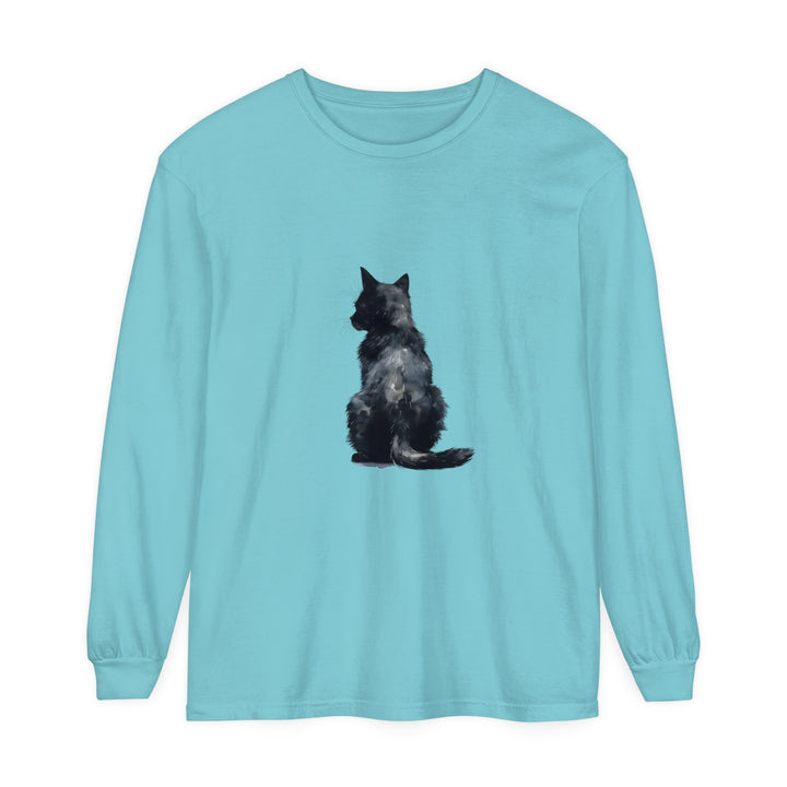 A long sleeve black cat watercolor graphic printed on a t-shirt