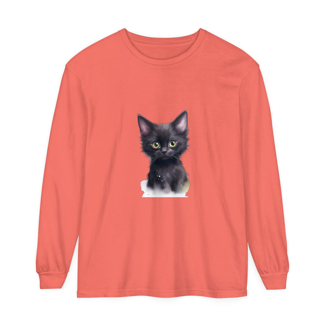 A playful and adorable black kitten with vibrant green eyes, printed on a soft and comfortable t-shirt