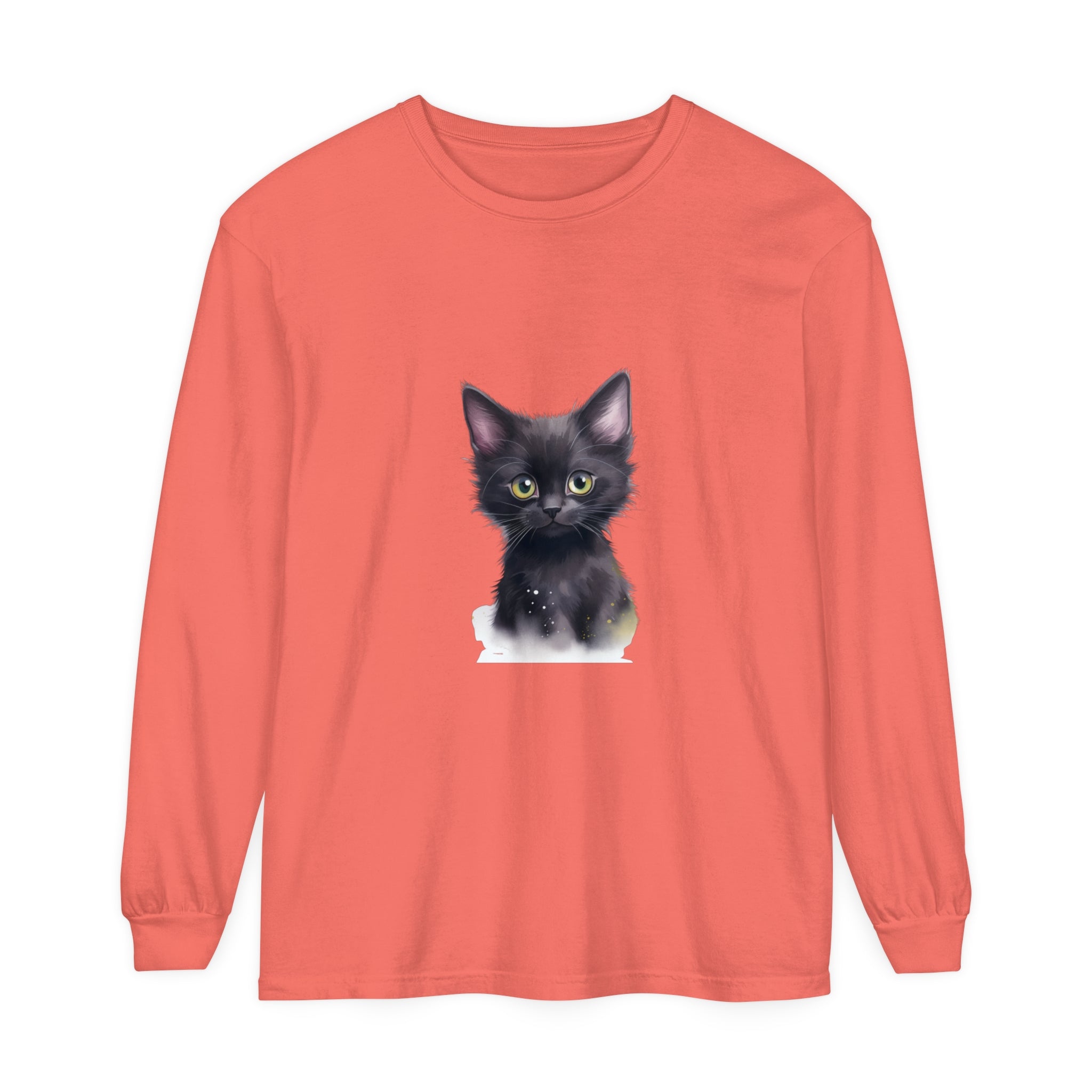 A playful and adorable black kitten with vibrant green eyes, printed on a soft and comfortable t-shirt