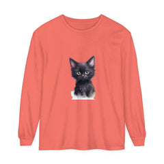 A playful and adorable black kitten with vibrant green eyes, printed on a soft and comfortable t-shirt