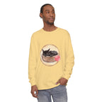 Watercolor illustration of a cute sleeping cat curled up in a bowl on a long sleeve t-shirt