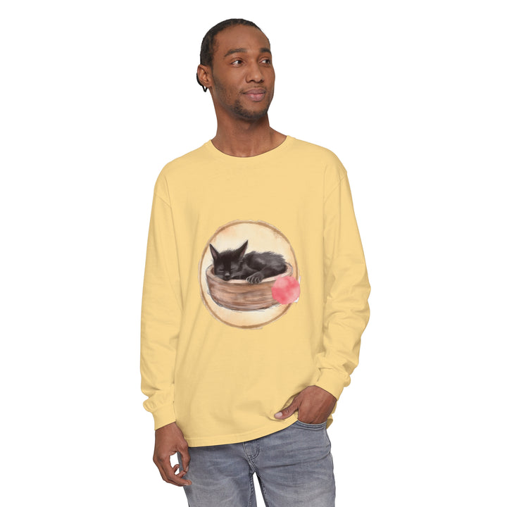 Watercolor illustration of a cute sleeping cat curled up in a bowl on a long sleeve t-shirt