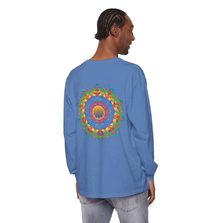 Beautiful long sleeve T-shirt featuring an intricate mandala design in vibrant colors