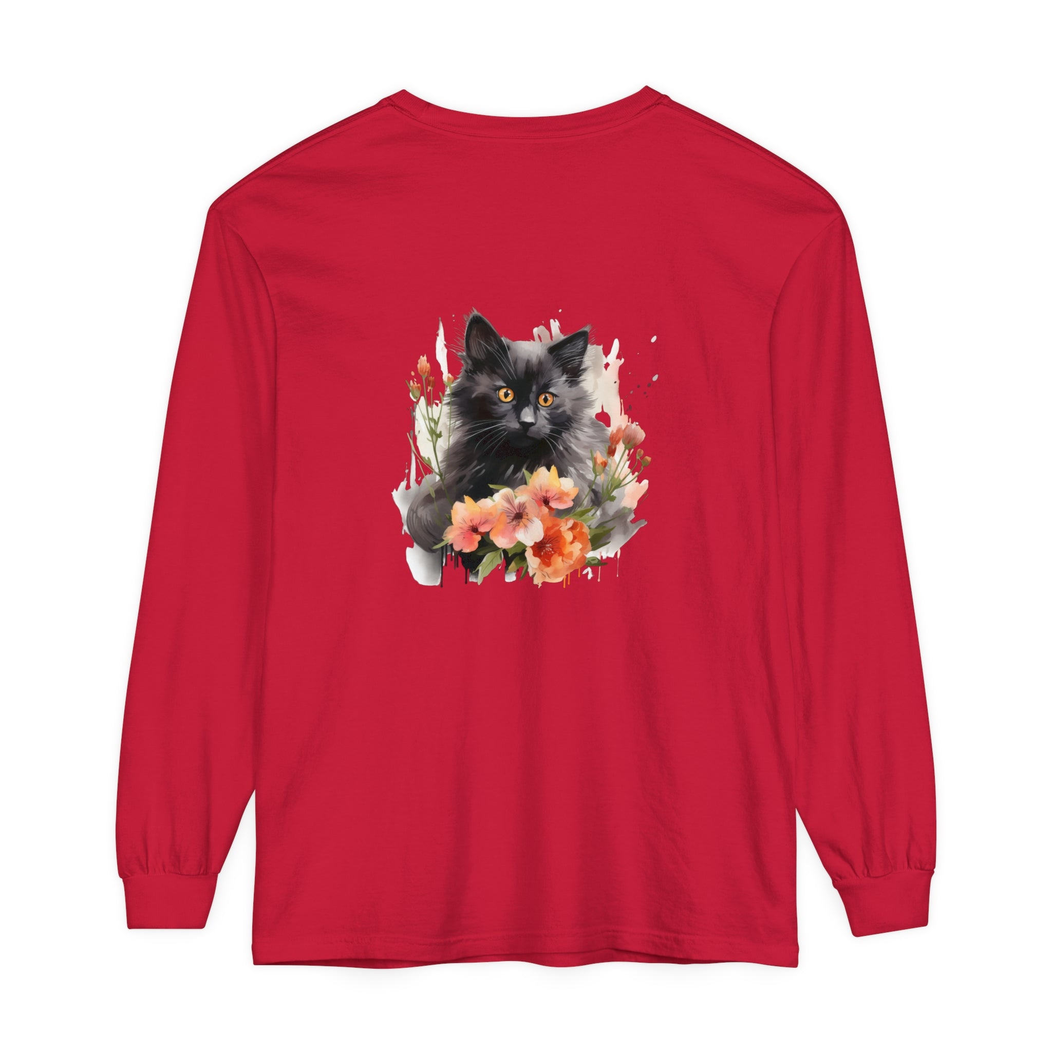 Beautiful black cat surrounded by vibrant watercolor flowers on t-shirt