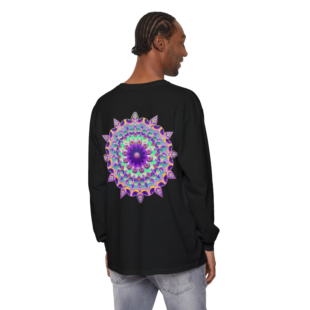 Colorful and intricate mandala design on a long sleeve t-shirt