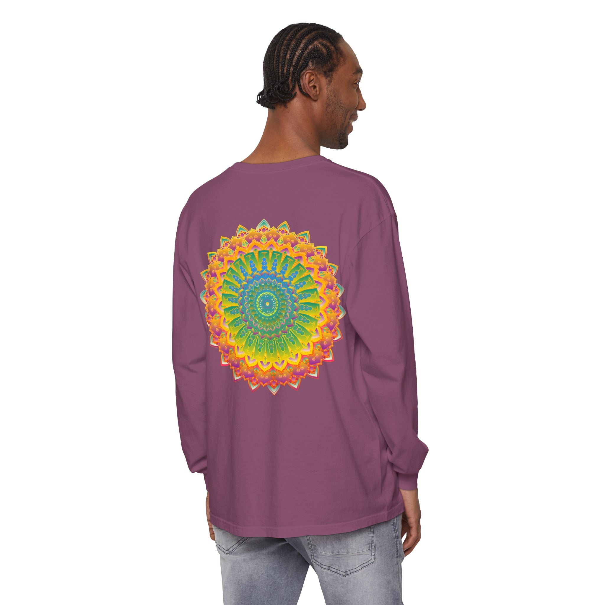 Intricate Mandala Unisex Long Sleeve T-Shirt featuring a detailed and colorful mandala design suitable for both men and women