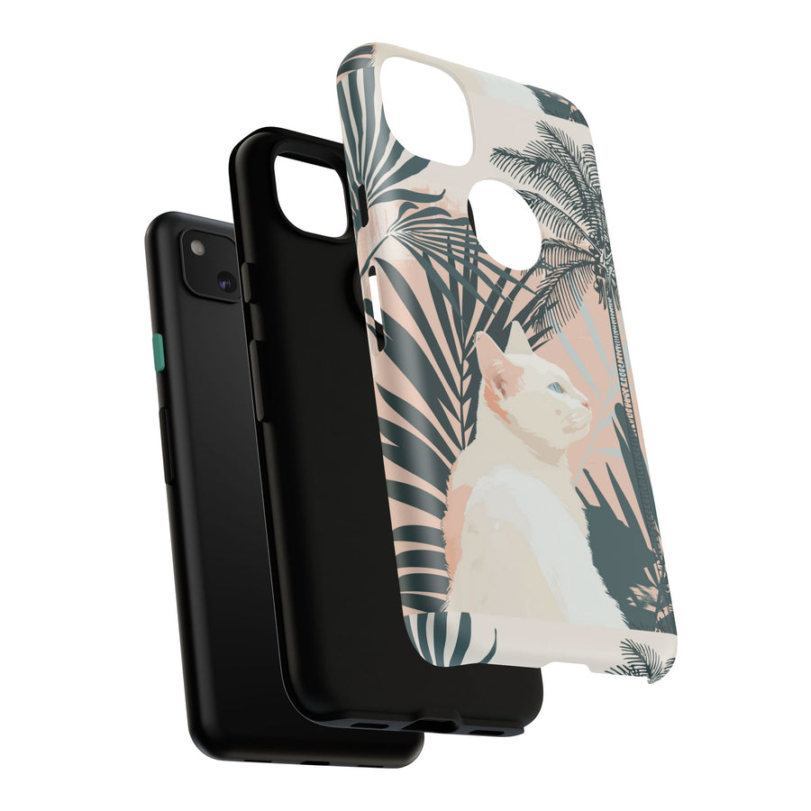 Tropical Cat Phone Case with Lush Palm Motifs and Soft Pastels