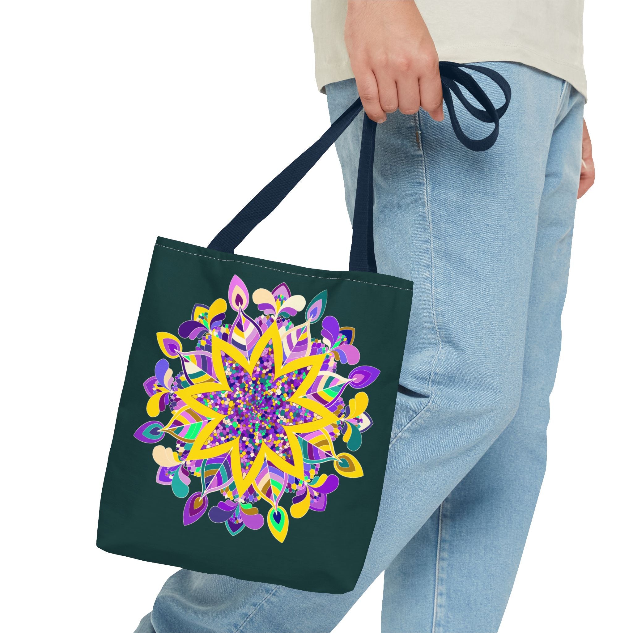 Dark green mandala tote bag with colorful design, perfect for zen girls who love unique accessories - Blululi