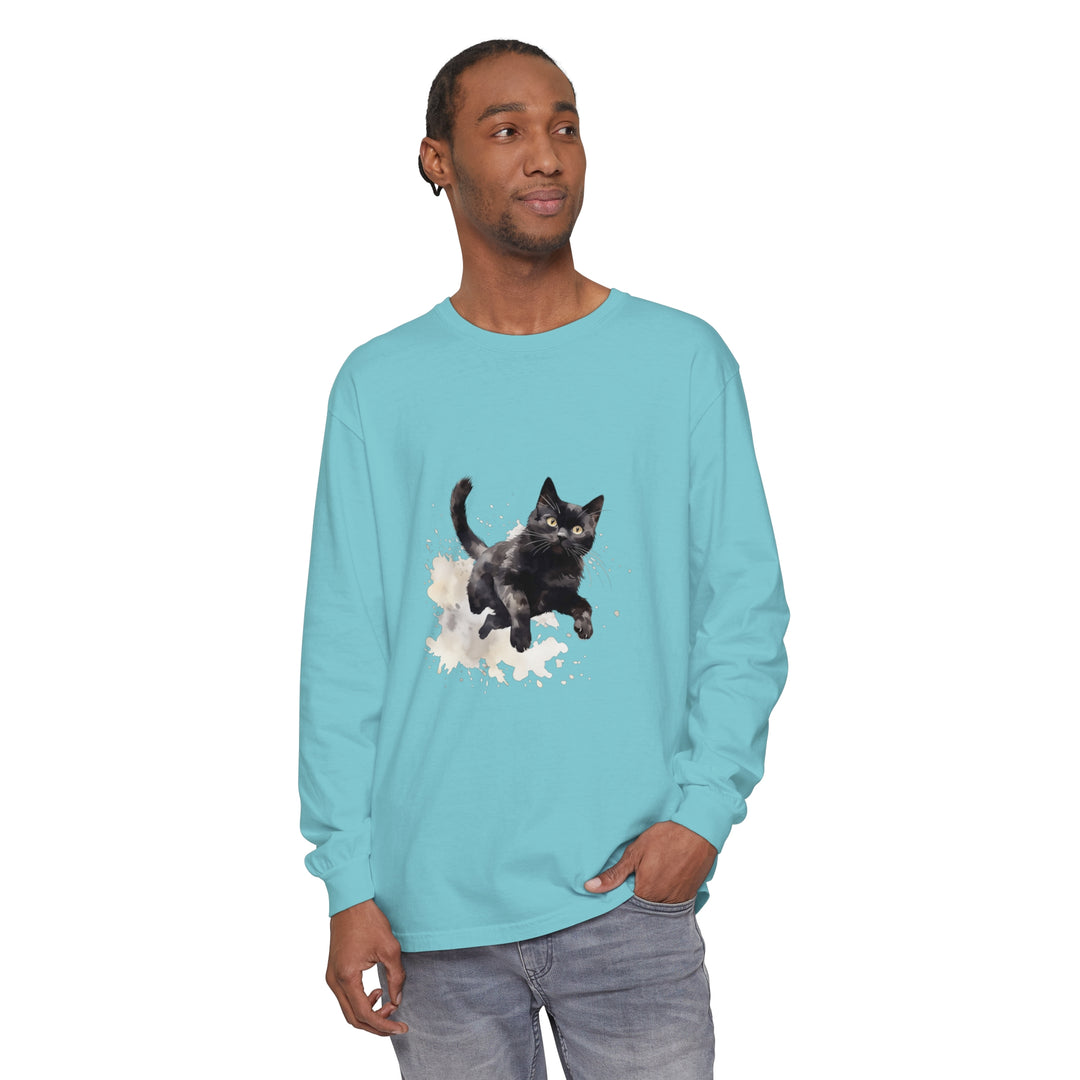 Black Cat Watercolor Splash T-Shirt with vibrant colors and feline design