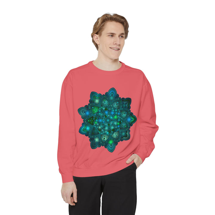 Intricate blue and green mandala sweatshirt with intricate design and vibrant colors for a stylish and unique look