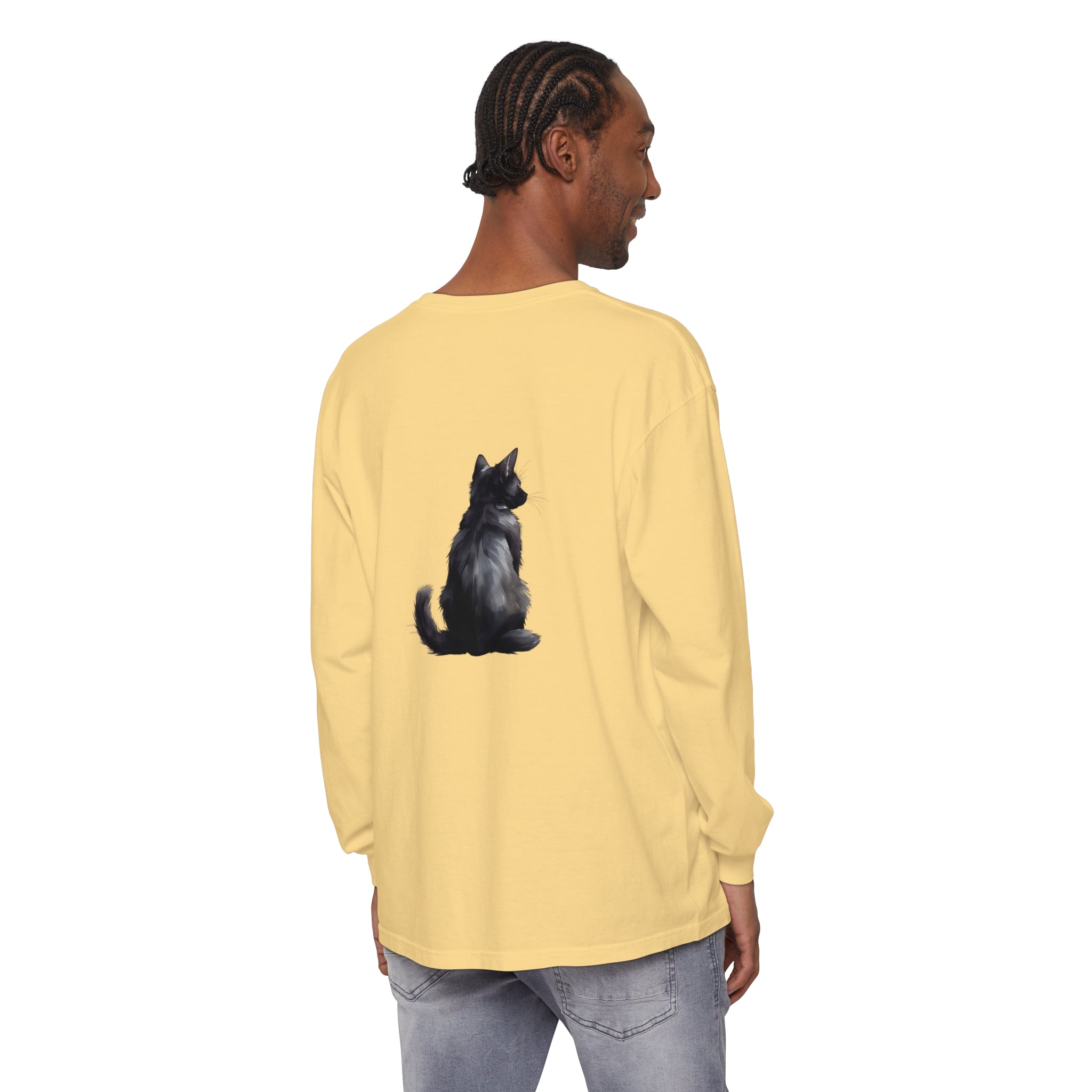 Black Cat Mystery unisex long sleeve tee in black with cat graphic on front