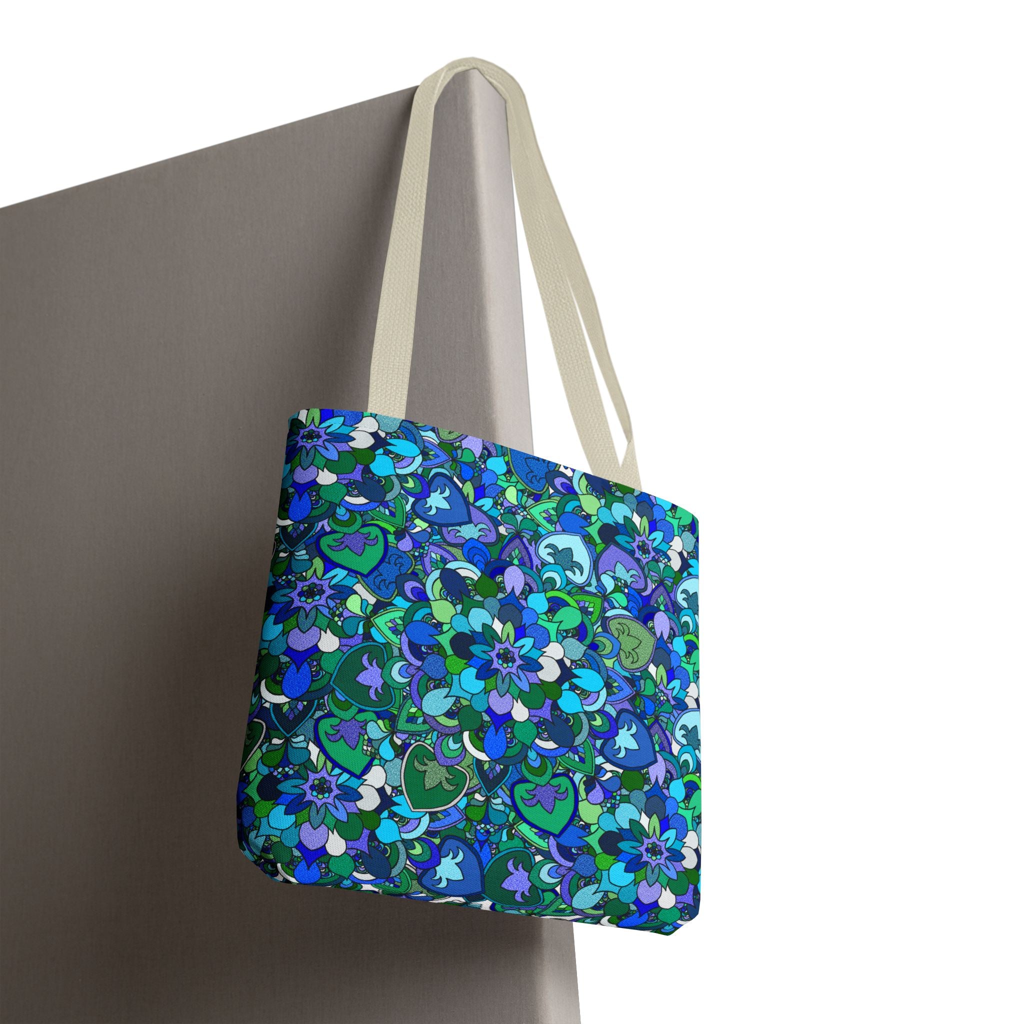 Borsa tote con stampa mandala floreale blu-verde — Shopper con stampa integrale vivace