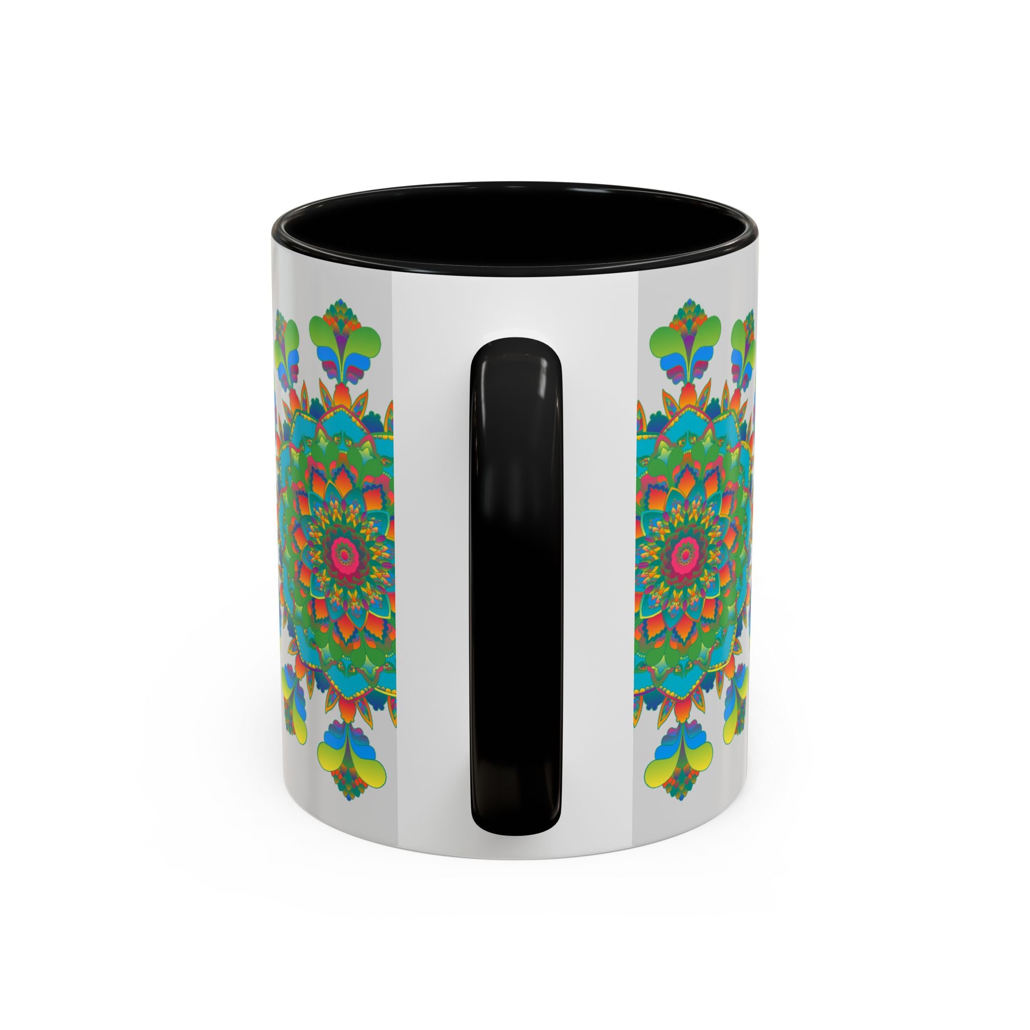 Side view of Mandala Art Mug - Vibrant Colors on Grey displaying the ergonomic handle and smooth ceramic texture