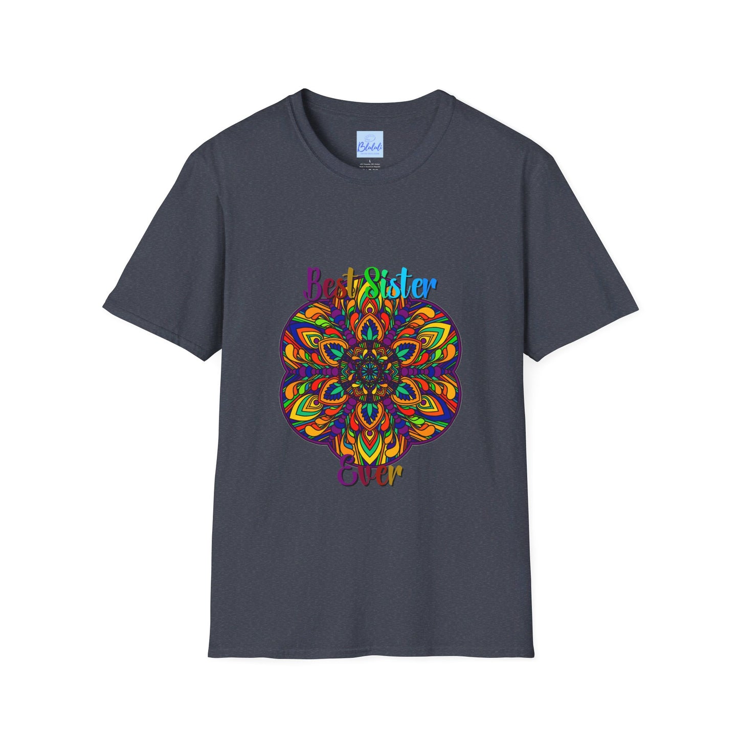 Softstyle unisex t-shirt with hand-drawn mandala art design, perfect gift for sister