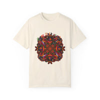 Handmade unisex Halloween mandala t-shirt featuring intricate pumpkin mandala art on a garment-dyed tee