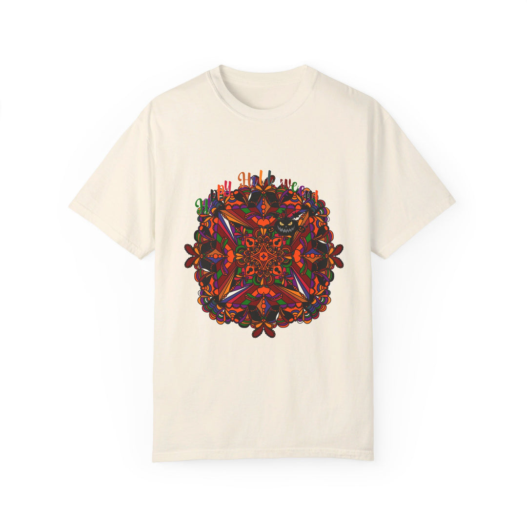 Handmade unisex Halloween mandala t-shirt featuring intricate pumpkin mandala art on a garment-dyed tee