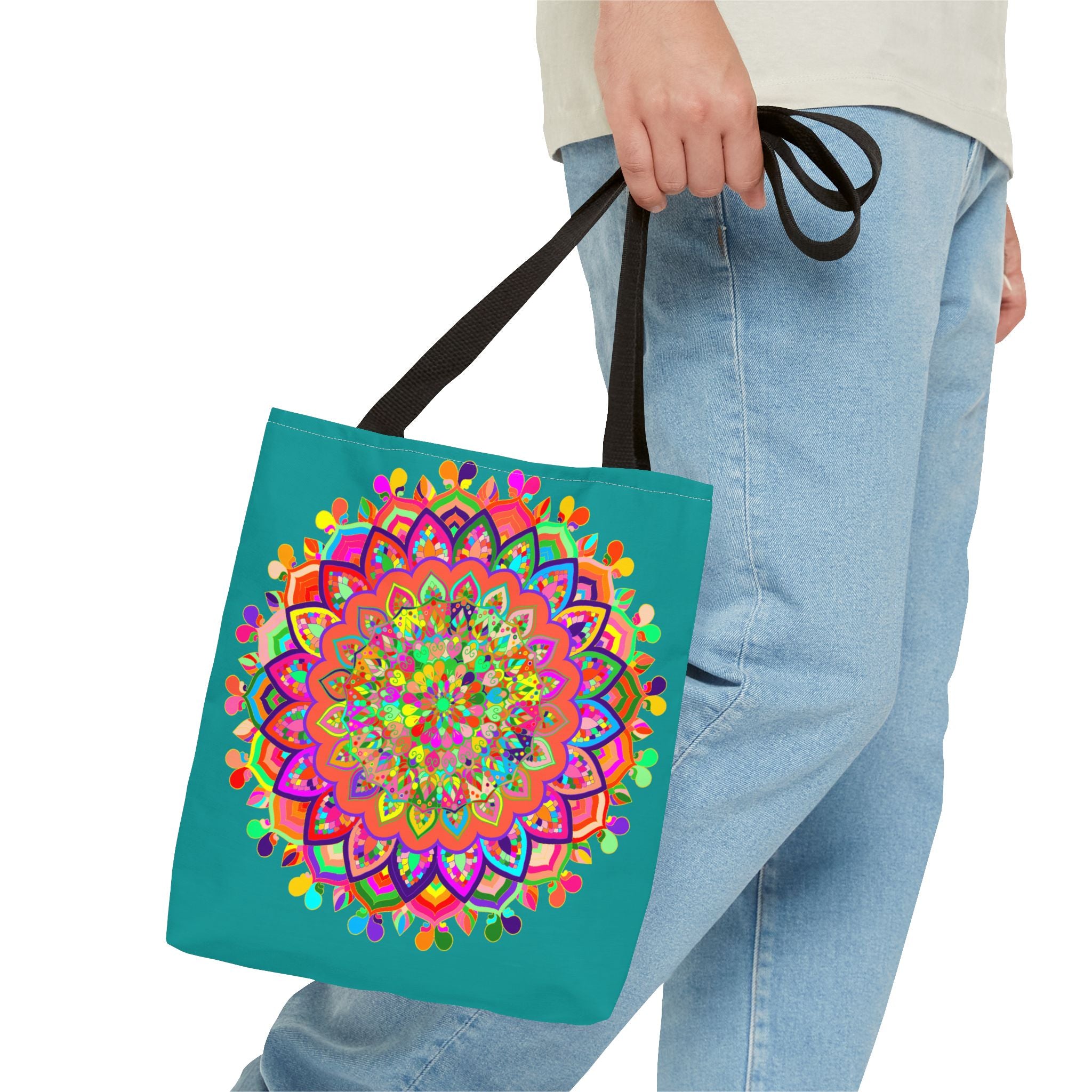 Colorful Mandala Art Tote Bag in Acquamarine with Intricate Design and Vibrant Colors, Perfect for Carrying Essentials in Style