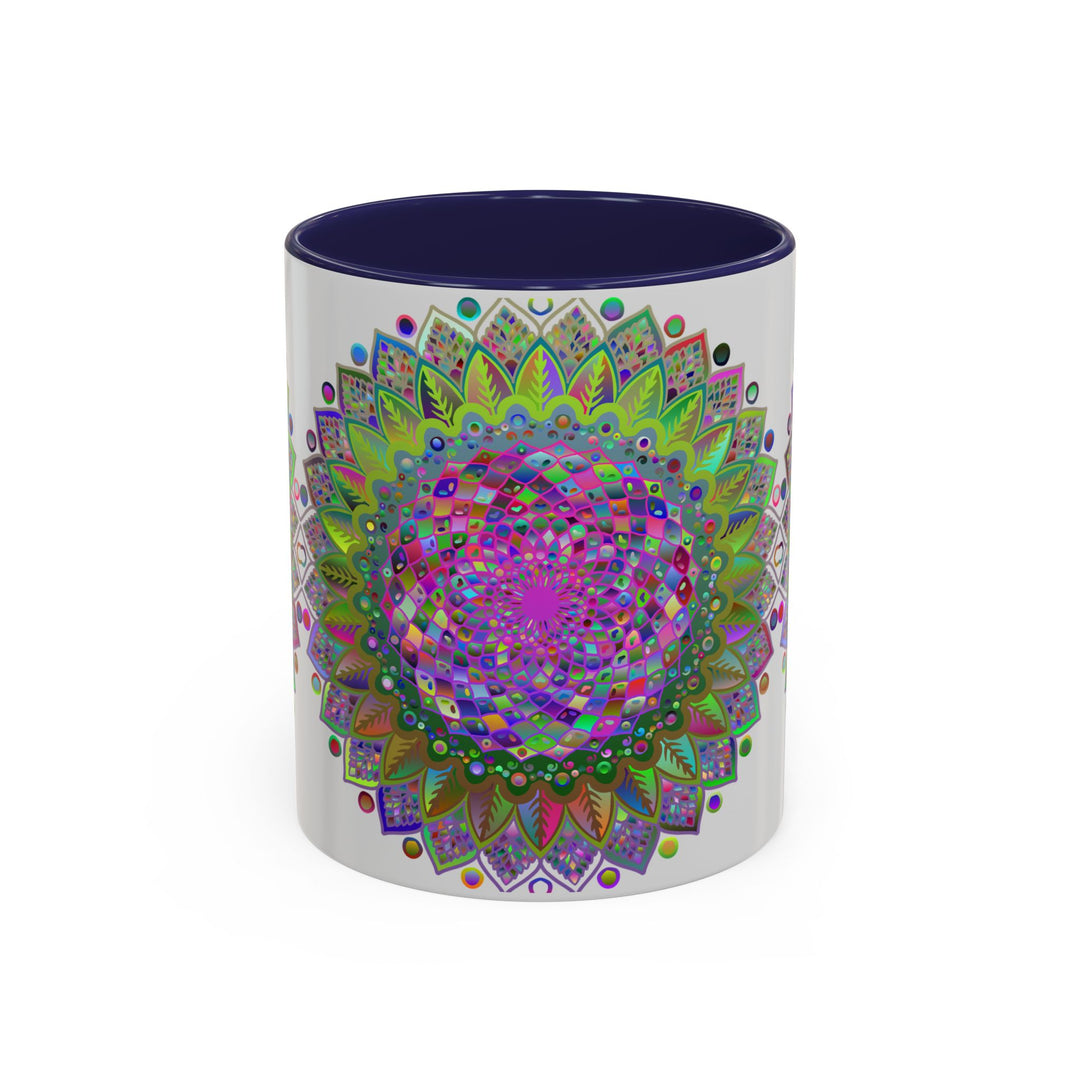 Colorful and intricate psychedelic mandala design on a grey ceramic mug