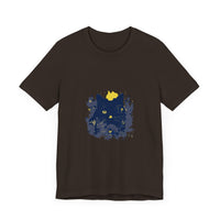 Black Cat Mystery T-Shirt featuring a whimsical design of colorful flowers