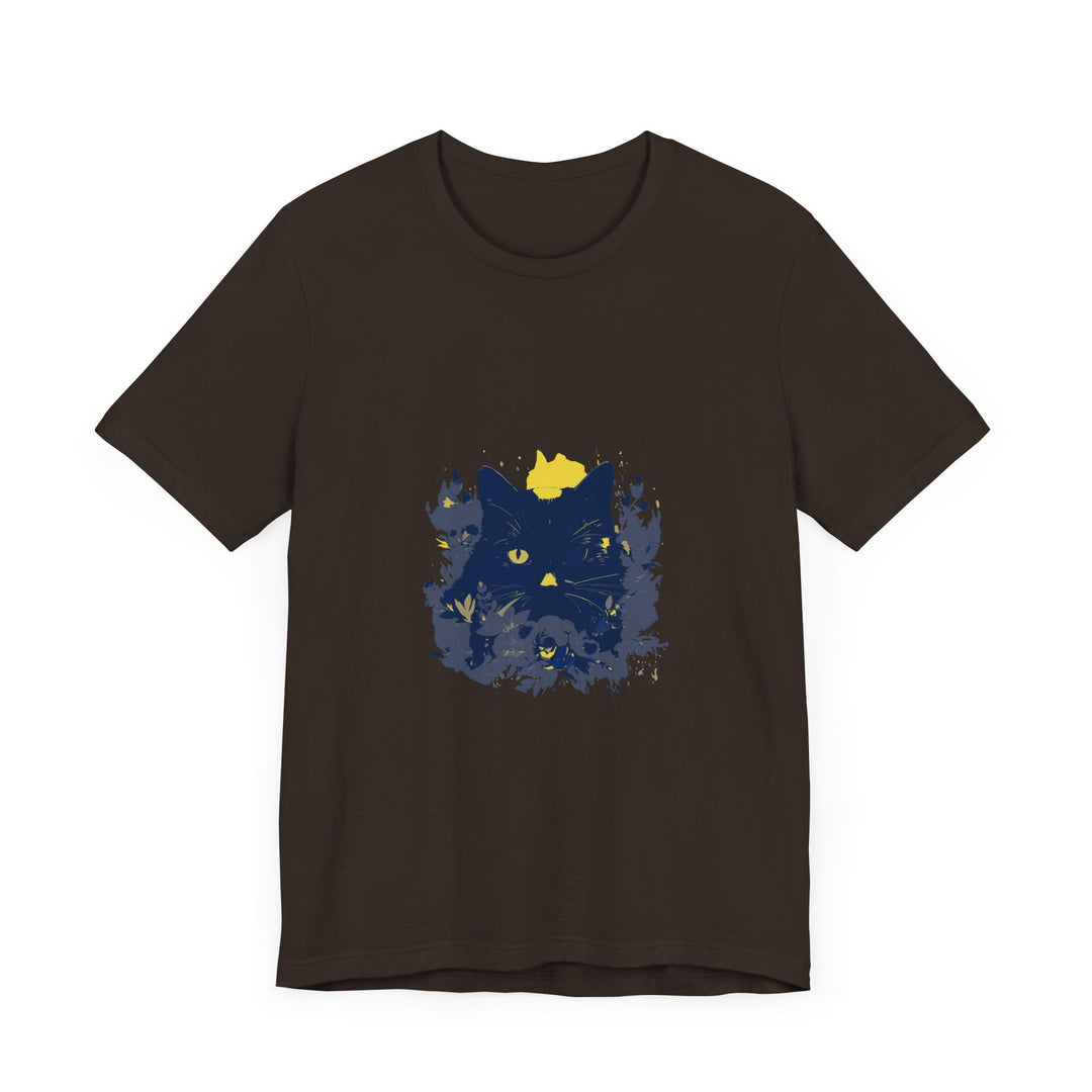 Black Cat Mystery T-Shirt featuring a whimsical design of colorful flowers