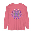 A detailed illustration of a unisex long sleeve t-shirt featuring an intricate mandala design