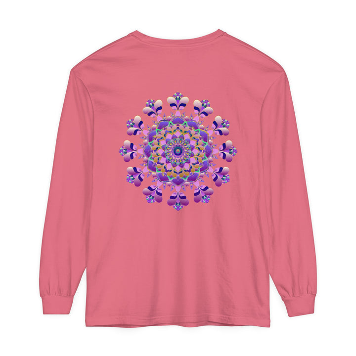 A detailed illustration of a unisex long sleeve t-shirt featuring an intricate mandala design