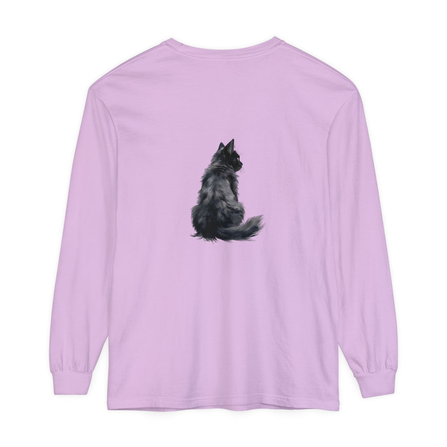 A unisex long sleeve t-shirt featuring a black cat silhouette design