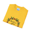 White t-shirt with a beautiful floral garland design, featuring the phrase 'Breathe in Peace Exhale Stress' in elegant script font