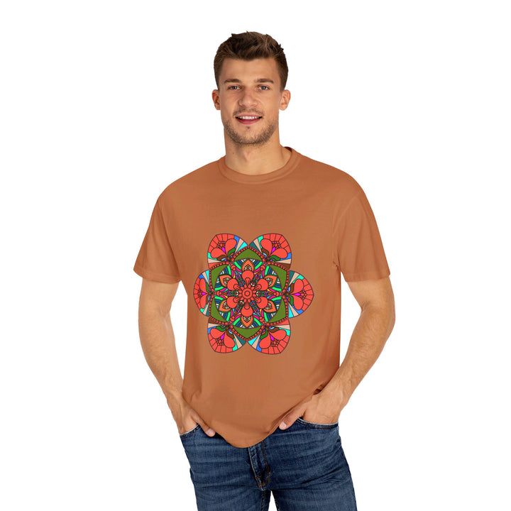 Unisex Mandala T-Shirt showcasing intricate hand-drawn mandala art on 100% ring-spun cotton fabric, garment-dyed for extra comfort