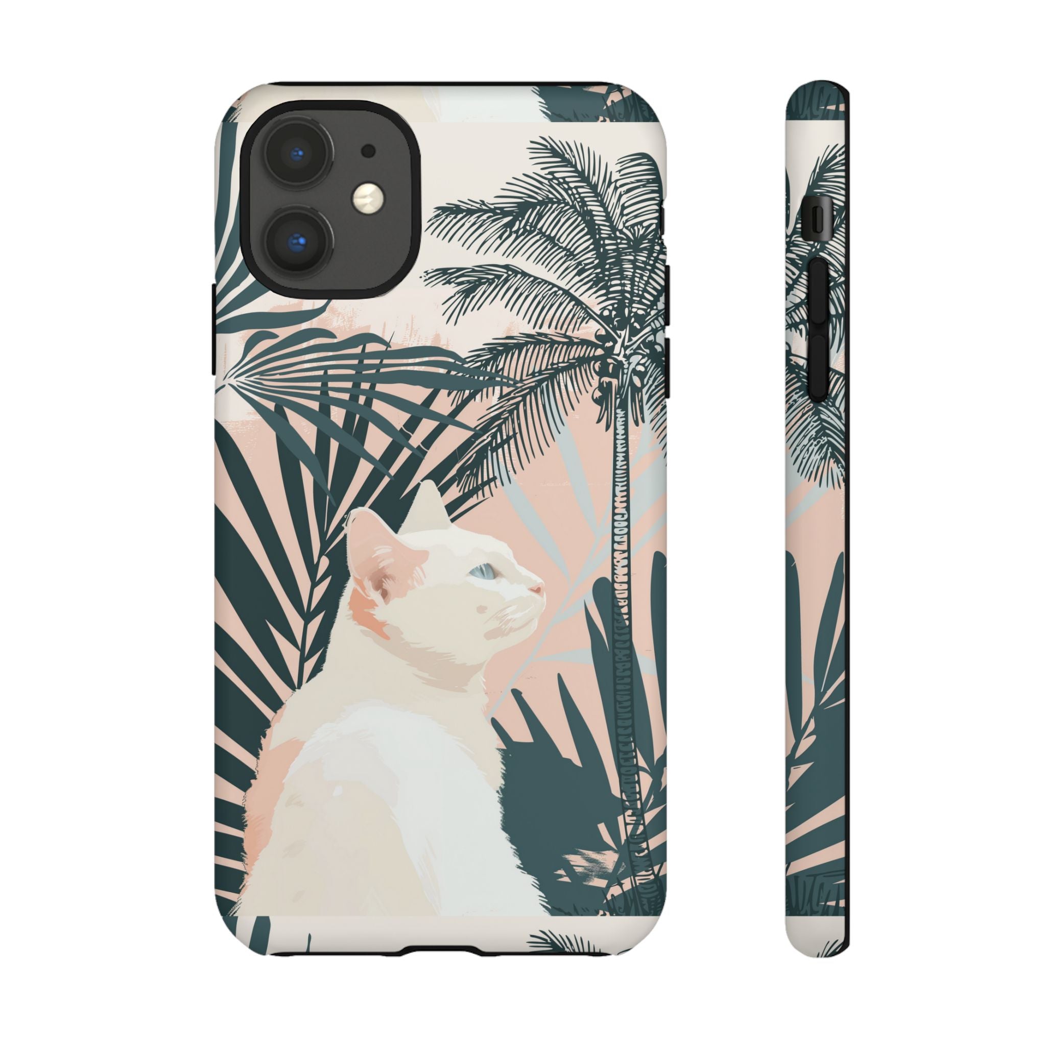 Custodia per telefono con gatto tropicale, motivi di palme lussureggianti e tenui colori pastello