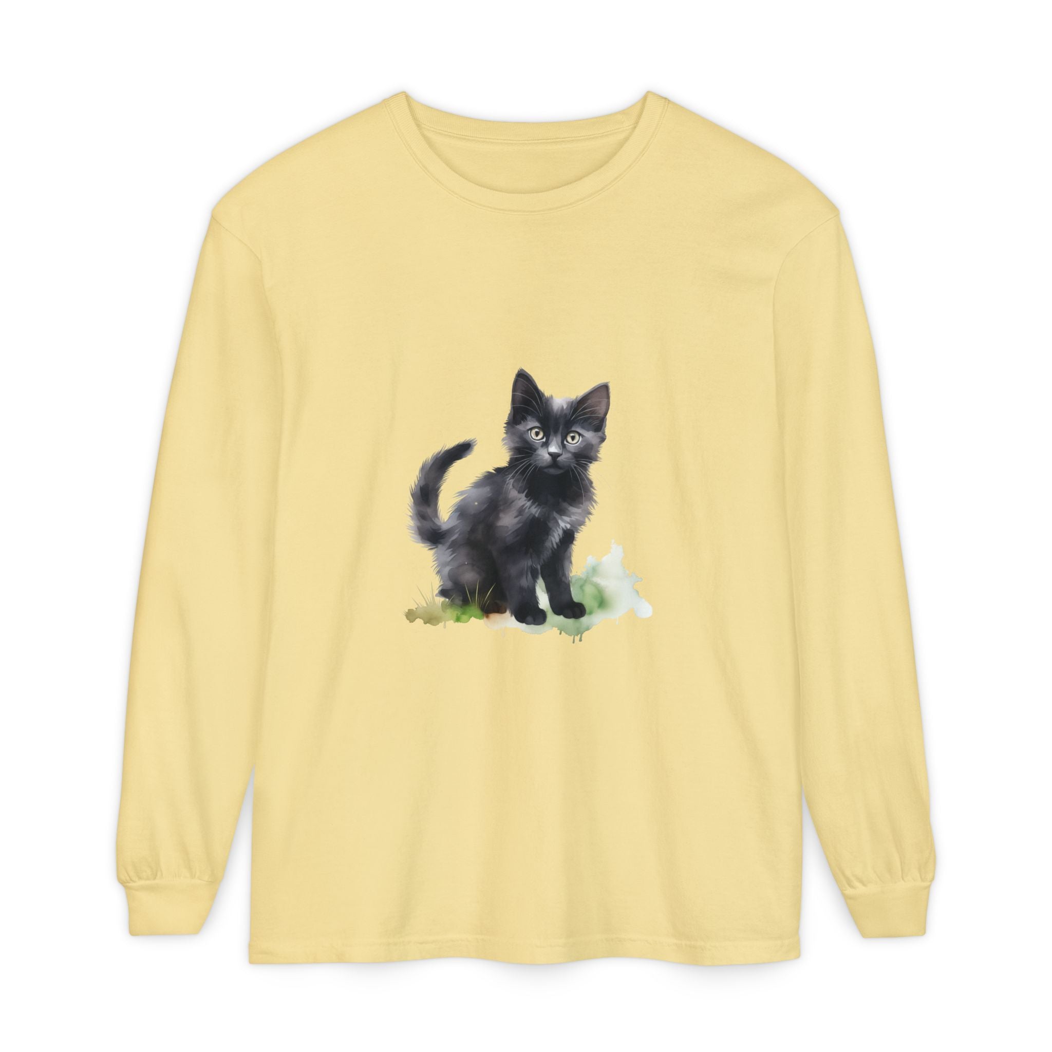 Maglietta a maniche lunghe con gatto nero e acquerello