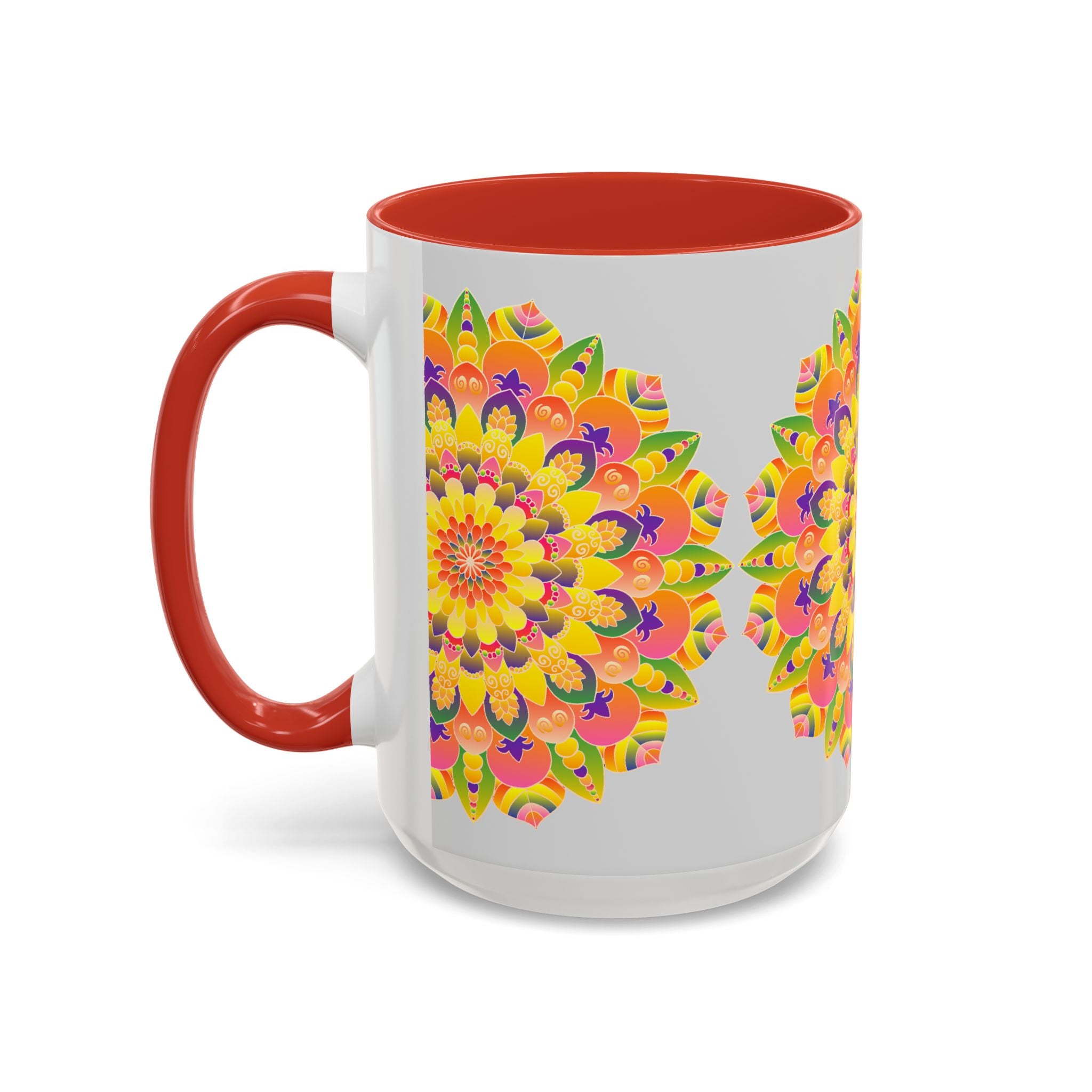 Colorful mandala mug featuring a beautiful and intricate bohemian art design