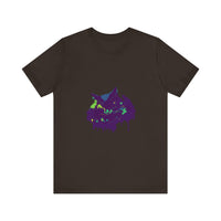 A stylish and eye-catching Black Cat Mystery t-shirt featuring vibrant and colorful paint splatter design