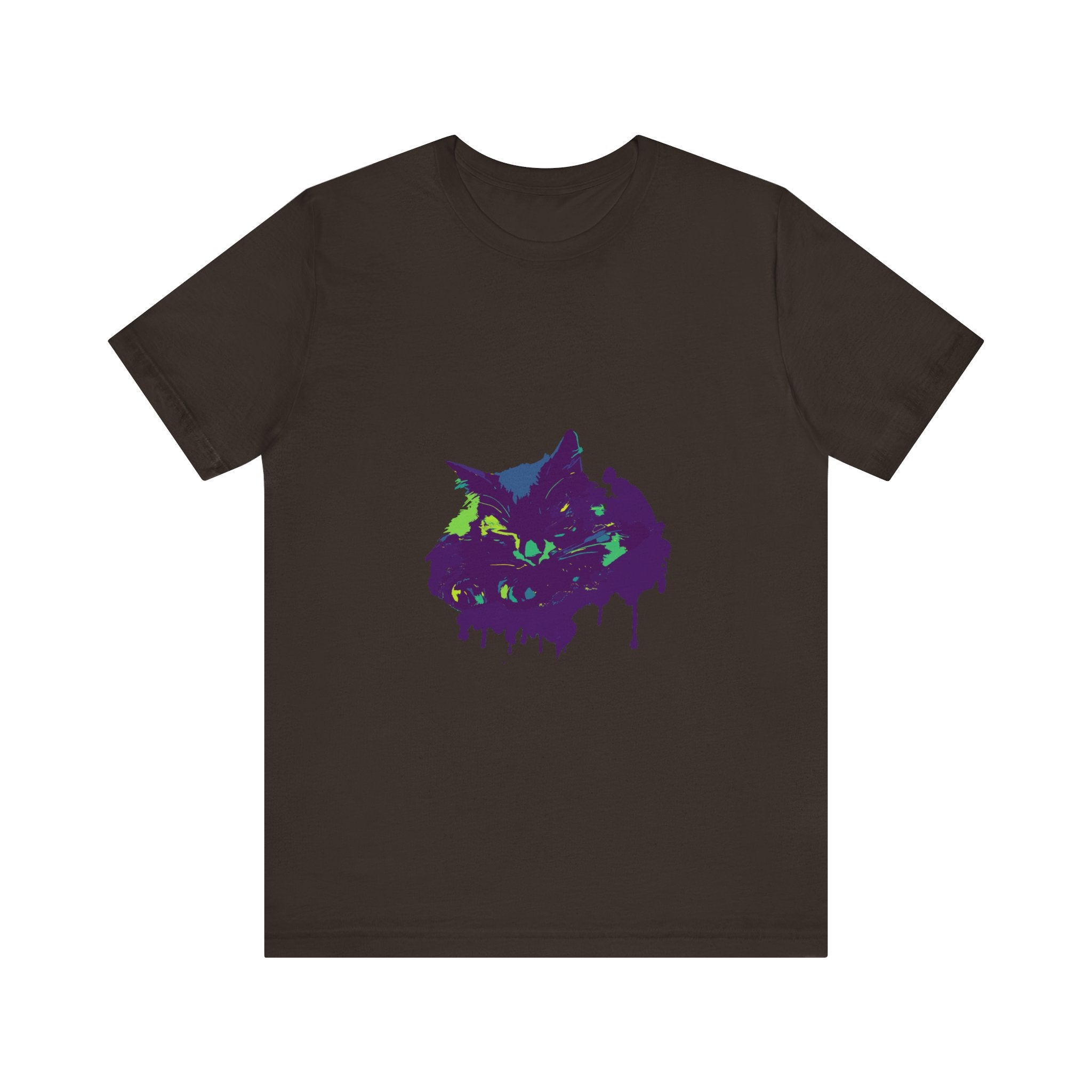 A stylish and eye-catching Black Cat Mystery t-shirt featuring vibrant and colorful paint splatter design