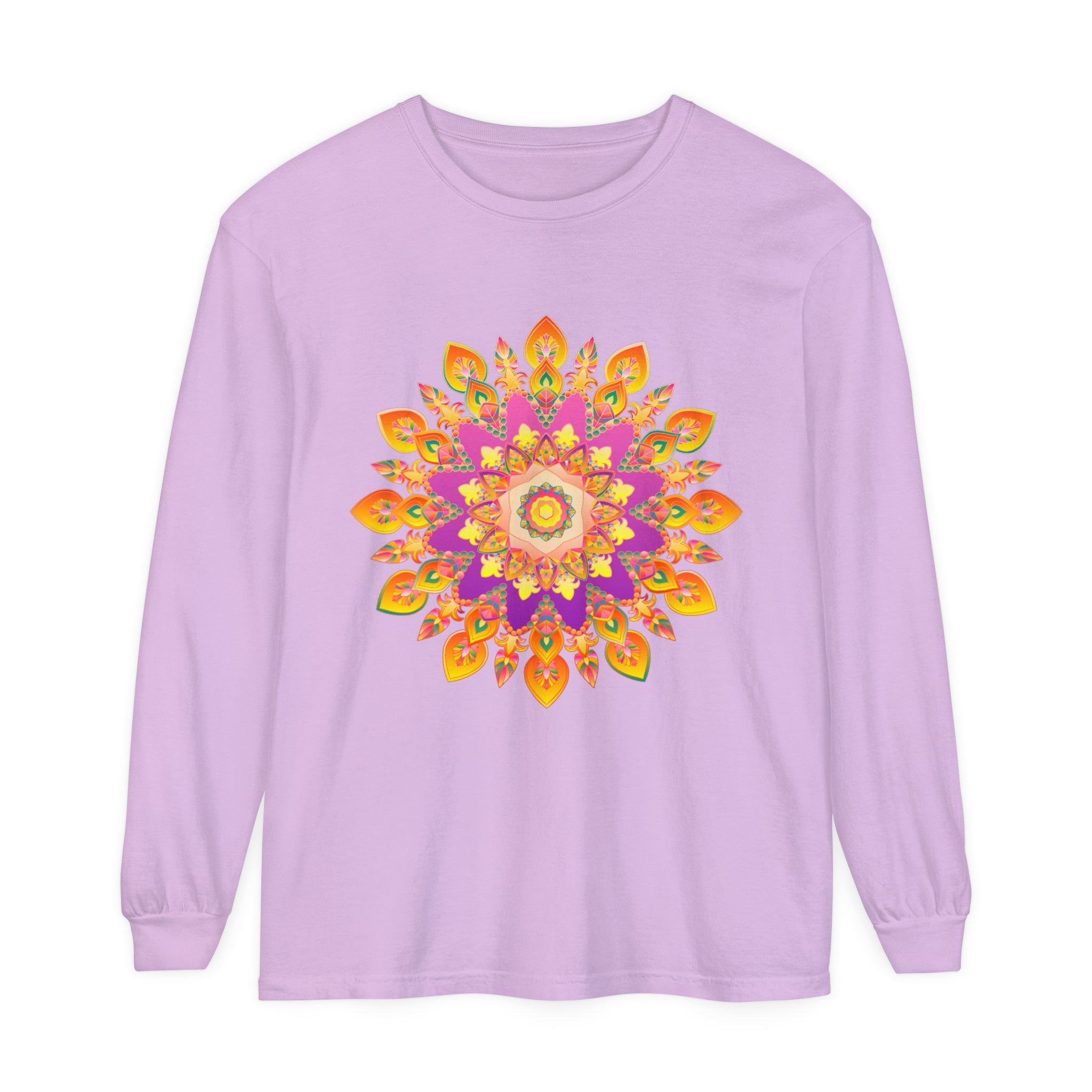 Colorful and intricate mandala design on a unisex long sleeve t-shirt